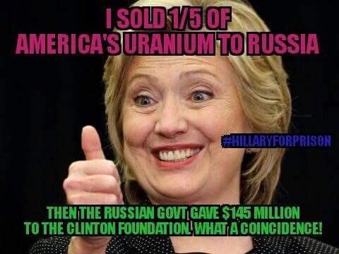 Figure 22: Hillary Clinton smiling tensely while giving a thumbs up. Pink text at the top reads “I sold 1/5 of America’s uranium to Russia.” Green text at the bottom reads “Then the Russian govt gave $145 million to the Clinton Foundation. What a coincidence!”